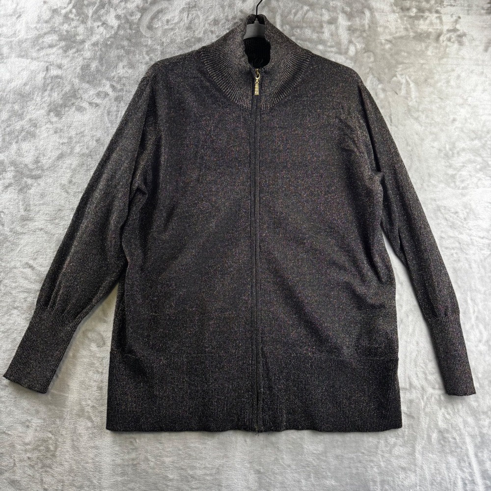 Questions Zip Up Cardigan Women 2X Black Gold Metallic Shimmer Mock Neck (1775)